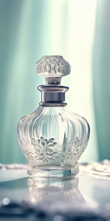Perfume bottle with vintage decoration on a background of blue curtain. (ai generated)の素材