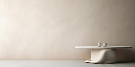 White round table and beige wall background. (ai generated)の素材