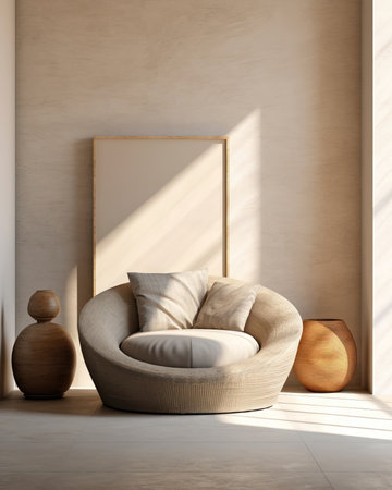 Interior of modern living room with white walls, concrete floor, beige sofa and wooden coffee table. (ai generated)の素材