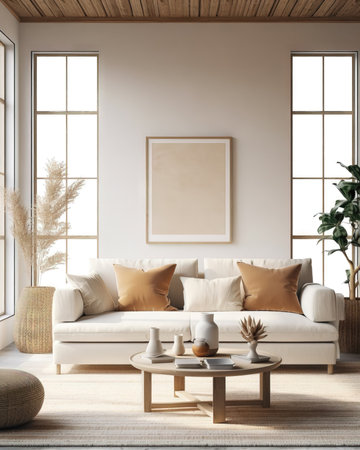 Interior of modern living room with white sofa, coffee table and window with city view. (ai generated)の素材