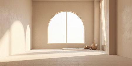 3d rendering of beige room with window and round podium. (ai generated)の素材