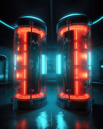 Futuristic red neon light in a dark corridor. 3d rendering. (ai generated)の素材