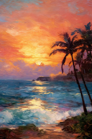 Original oil painting of palm trees on the seashore at sunset. (ai generated)の素材