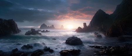 Panoramic seascape of sunset over the cliffs and sea. (ai generated)の素材