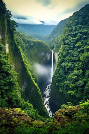Waterfall in the deep forest. (ai generated)の素材