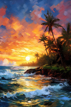 Beautiful seascape with palm trees and sunset, digital painting. (ai generated)の素材