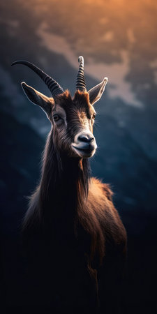 Goat on the background of a mountain landscape. Animal portrait. (ai generated)の素材