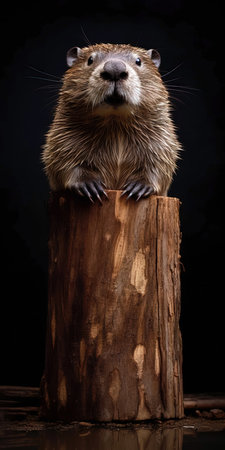 Portrait of a wild otter on a wooden stump on a black background. (ai generated)の素材