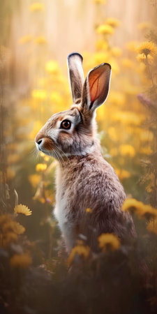 Cute brown hare in meadow with yellow dandelions. (ai generated)の素材