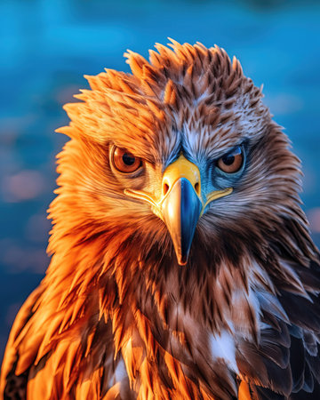 Portrait of a golden eagle on a background of blue water. (ai generated)の素材