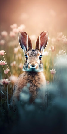 Cute brown hare in a meadow with pink flowers. (ai generated)の素材