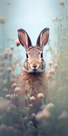 Cute brown hare sitting in a meadow with flowers. (ai generated)の素材