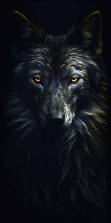 Portrait of a wolf with yellow eyes on a black background. (ai generated)の素材