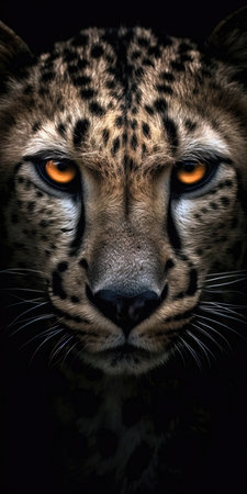 Portrait of a leopard with orange eyes on a black background. (ai generated)の素材
