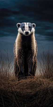 Badger in the grass at night. Wildlife scene from nature. (ai generated)の素材