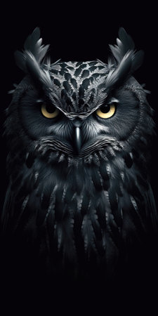 Owl portrait on black background, close-up. (ai generated)の素材
