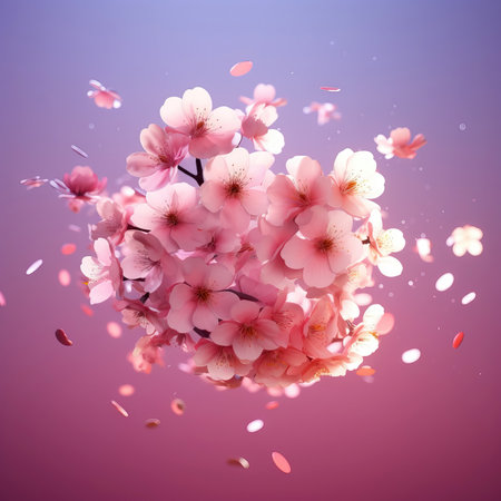 Beautiful cherry blossom sakura flowers with falling petals on colorful background. (ai generated)の素材