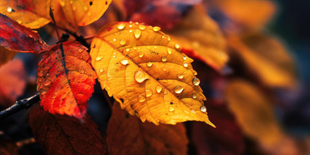 Colorful autumn leaves with water drops on them. Autumn background. (ai generated)の素材