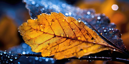 Autumn leaves on a dark background with drops of dew. (ai generated)の素材