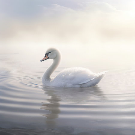 Beautiful white swan swimming on the lake in foggy morning. (ai generated)の素材