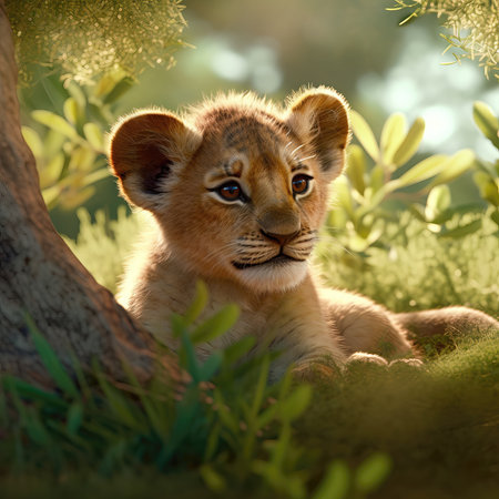 Lion cub lying in the grass in the shade of a tree. (ai generated)の素材