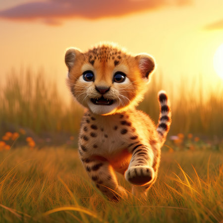 Cheetah cub running in the grass at sunset,3d render. (ai generated)の素材