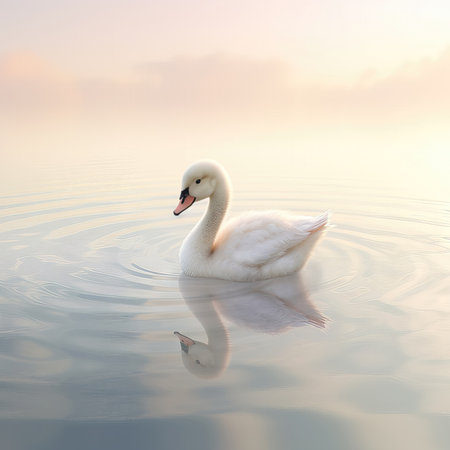 Beautiful white swan swimming in the lake at sunset time. (ai generated)の素材