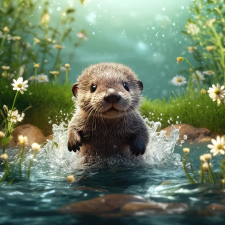 Cute wet otter swimming in the water. 3d rendering. (ai generated)の素材