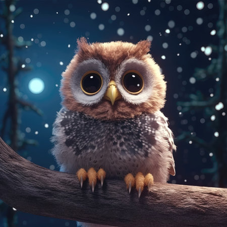 Owl sitting on a branch in the winter forest. 3d render. (ai generated)の素材
