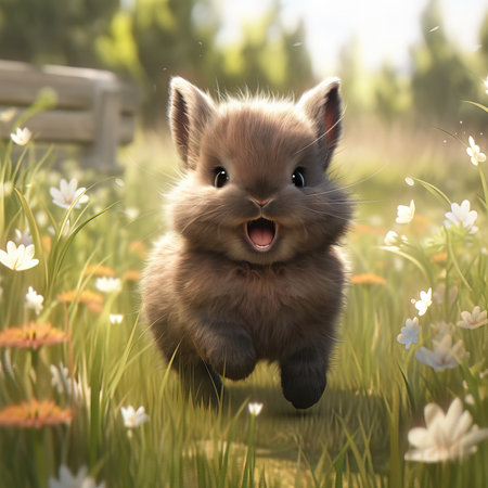 Cute little bunny running in the meadow with flowers. 3d rendering. (ai generated)の素材