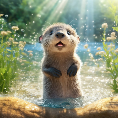 Little cute wet otter in the water. 3d illustration. (ai generated)の素材
