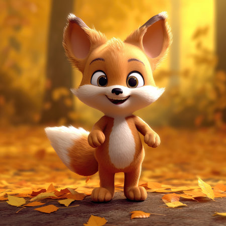 Cute cartoon fox with autumn leaves in the forest - 3d render. (ai generated)の素材