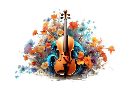 violin and flowers on a white background. (ai generated)の素材