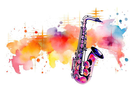 Illustration of a saxophone on a watercolor splashes background. (ai generated)の素材