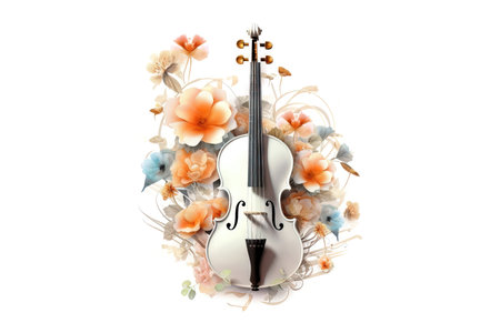 violin and flowers isolated on a white background. (ai generated)の素材