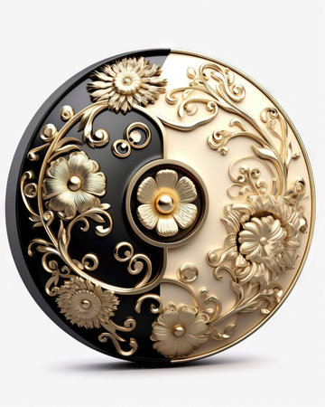 3d illustration of Yin Yang symbol in golden and black with floral pattern. (ai generated)の素材
