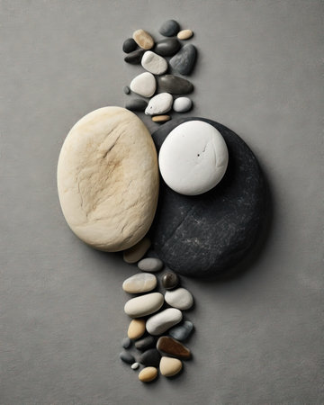 Beautiful composition with zen stones on grey background, top view. (ai generated)の素材