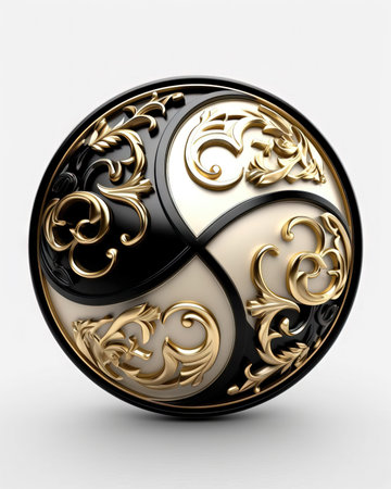 3d illustration of black and gold circle with ornament on white background. (ai generated)の素材