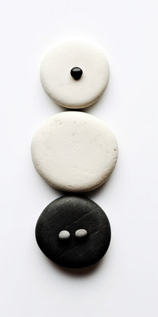 Three black and white zen stones on white background, top view. (ai generated)の素材