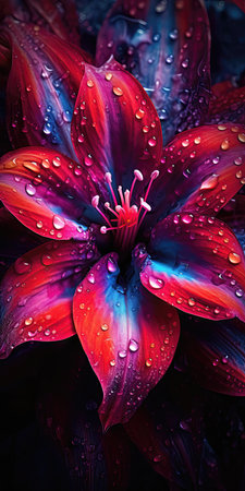 Close up of red and purple dahlia flower with water drops. (ai generated)の素材