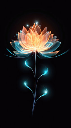 Beautiful lotus flower with glowing lights on black background. Vector illustration. (ai generated)の素材