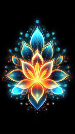 Illustration of lotus flower on a black background with blue lights. (ai generated)の素材