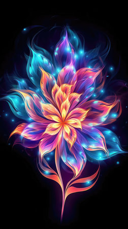 Beautiful flower with glowing lights on a black background. Vector illustration. (ai generated)の素材