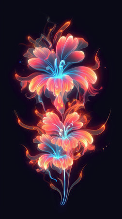Beautiful vector illustration of Hibiscus flower in neon light. (ai generated)の素材