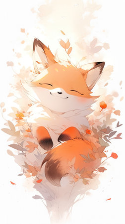 Illustration of a cute fox with autumn leaves on white background. (ai generated)の素材