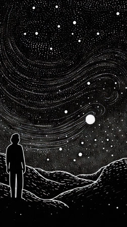 Illustration of a man looking at the stars in the night sky. (ai generated)の素材