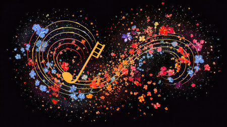 music note on a black background with colorful splashes and blots. (ai generated)の素材