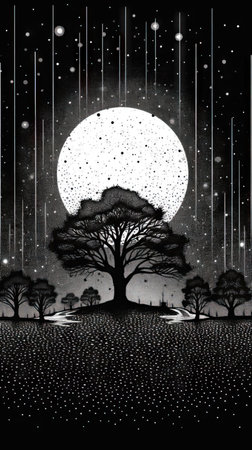 Illustration of a night landscape with a full moon and trees. (ai generated)の素材