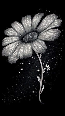 Illustration of a daisy flower on a black background with stars. (ai generated)の素材