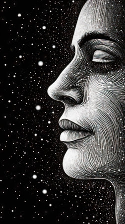 Face of a beautiful woman on a black background with stars. (ai generated)の素材